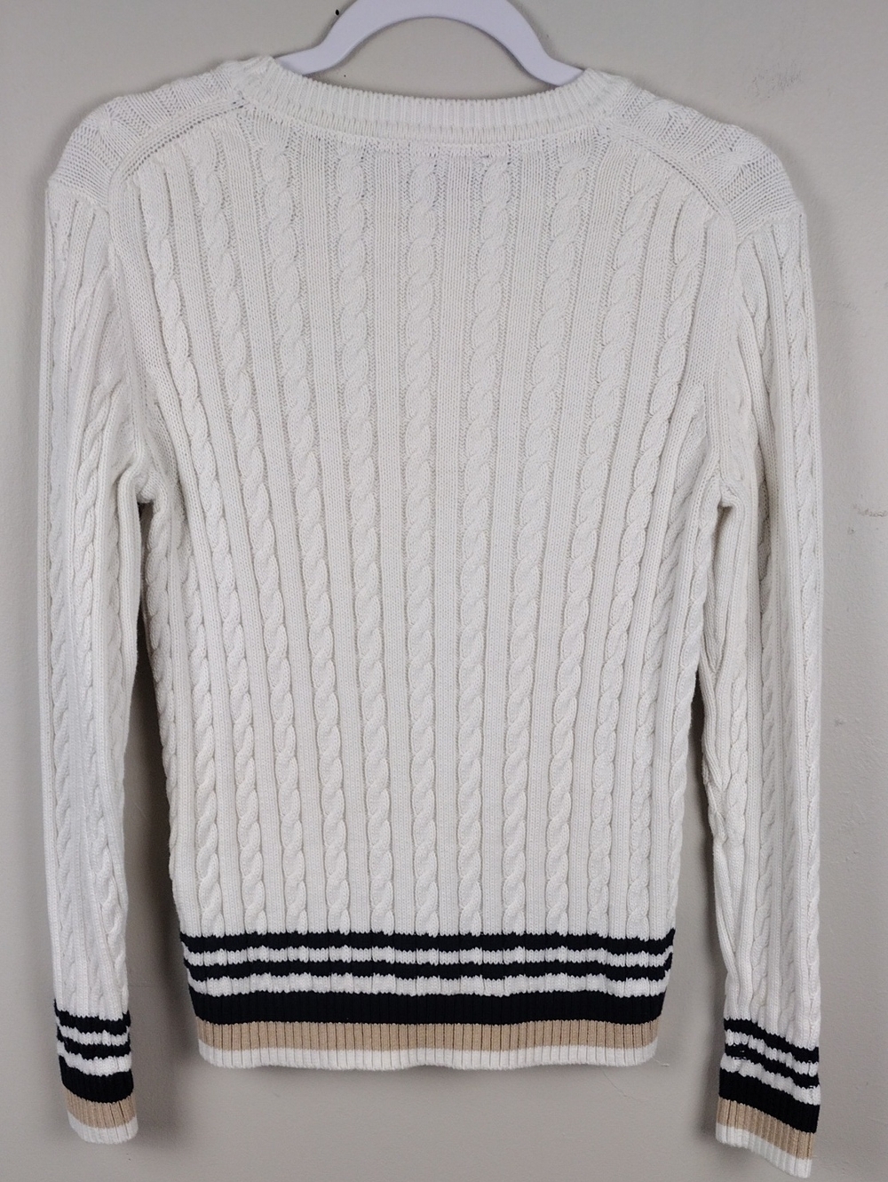 Tommy Hilfiger White Cable Knit Navy Striped Hem Crewneck Long Sleeve Sweater - Picture 6 of 12